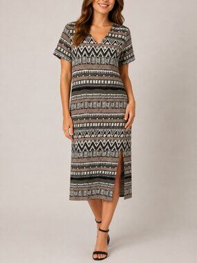 Vintage Tribal Print Midi Dress V Neck Slit Boho Neutral Sheath Size S 4/6